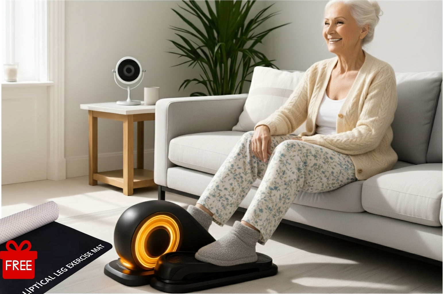Senior woman using a low-impact seated elliptical leg exerciser at home to improve circulation and joint mobility