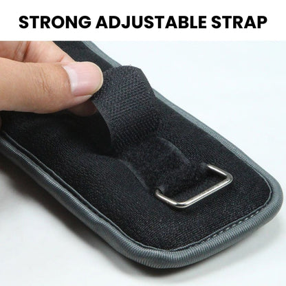 Close-up of strong adjustable velcro strap and metal ring on ankle weights for secure and comfortable fit during home workouts