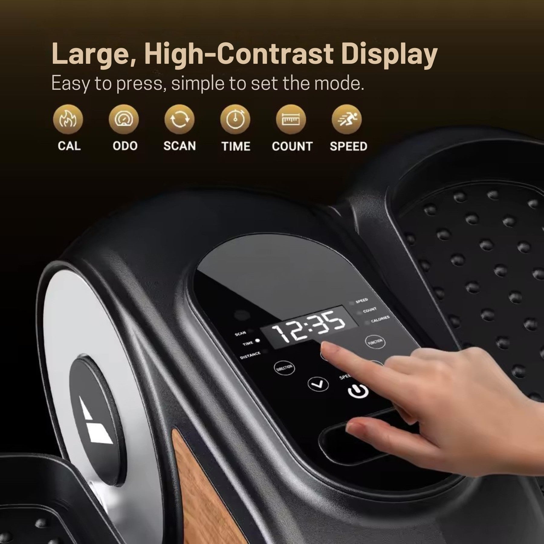 Close-up of the large, high-contrast digital display on the elliptical machine, showing the easy-to-use buttons for CAL, ODO, SCAN, TIME, COUNT, and SPEED. The display is designed to be easy to read for seniors.