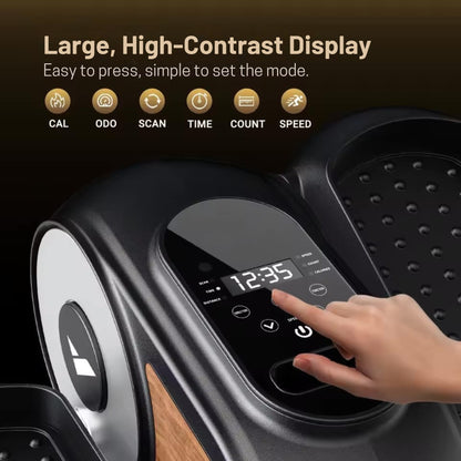 Close-up of the large, high-contrast digital display on the elliptical machine, showing the easy-to-use buttons for CAL, ODO, SCAN, TIME, COUNT, and SPEED. The display is designed to be easy to read for seniors.