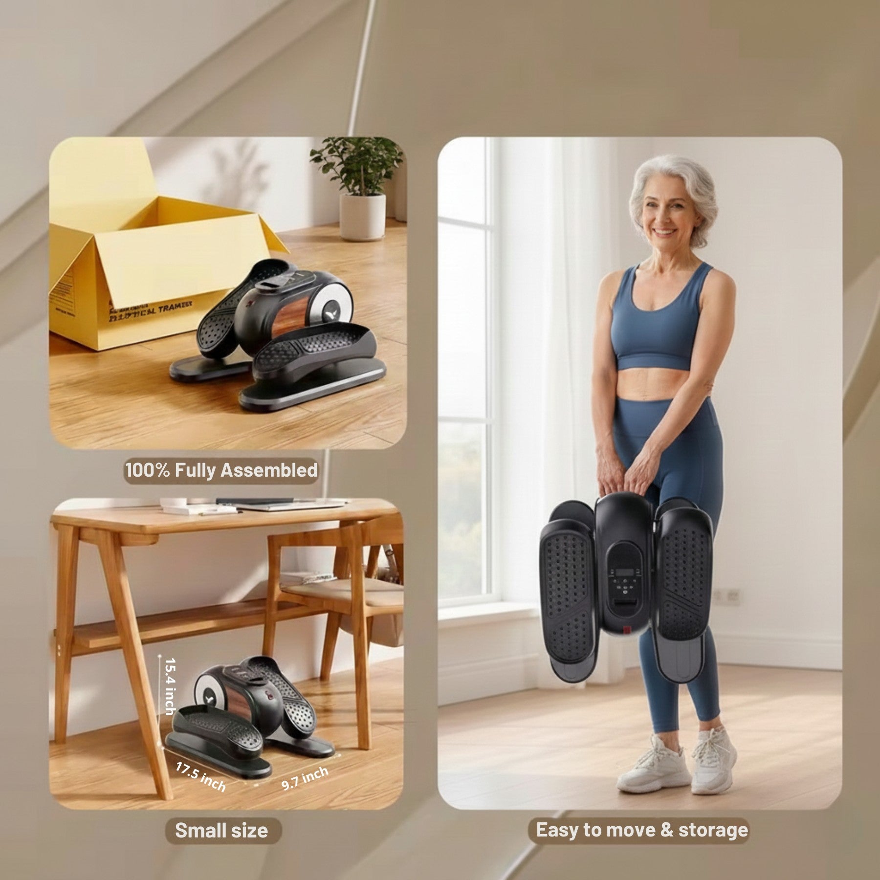 Photo collage emphasizing the compact size and easy mobility of the TOPGLIM mini elliptical machine. The images show that the machine is 100% fully assembled, fits easily under a desk (small size), and is lightweight enough for a senior woman to move and store effortlessly.