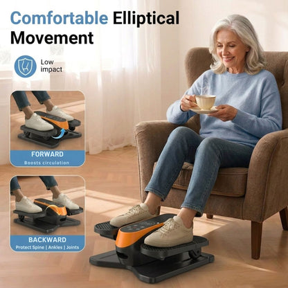 Senior woman sitting in armchair drinking tea while using under desk elliptical machine – low impact forward and backward leg movement to boost circulation and protect spine ankles and joints