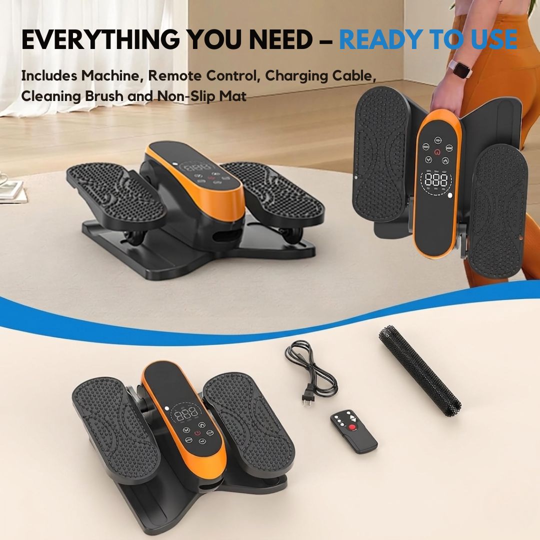 Lightweight under desk elliptical machine easy to carry and store – complete package includes machine, remote control, charging cable and non-slip grip mat – ideal for seniors