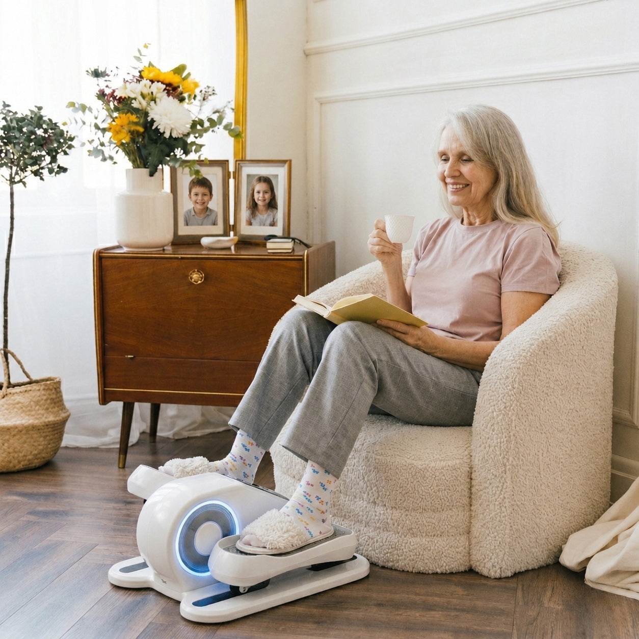 Senior woman using a white under-desk elliptical machine while reading a book and drinking tea in a cozy living room.