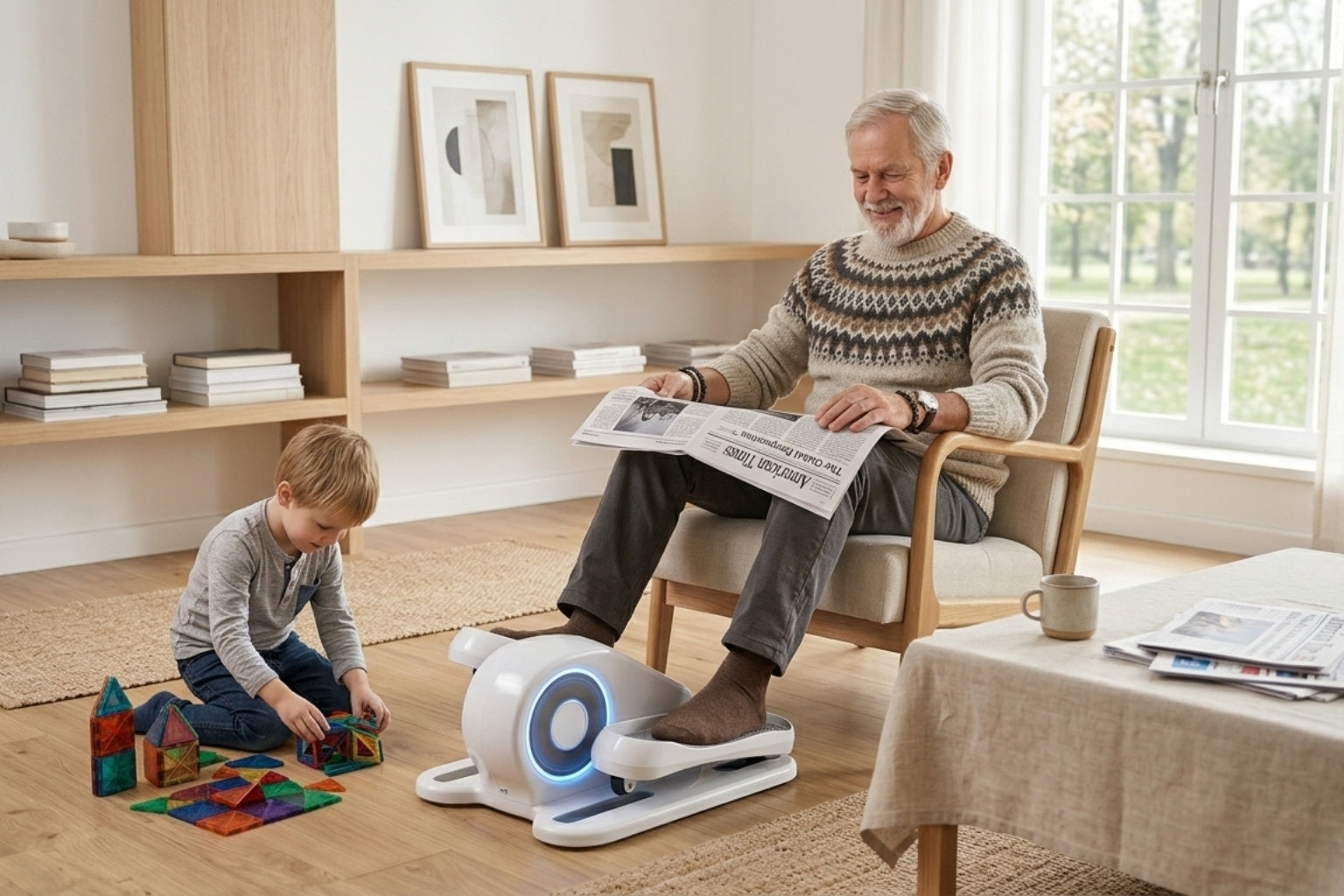 An elderly man using a compact under-desk elliptical trainer while sitting in an armchair and reading a newspaper at home.