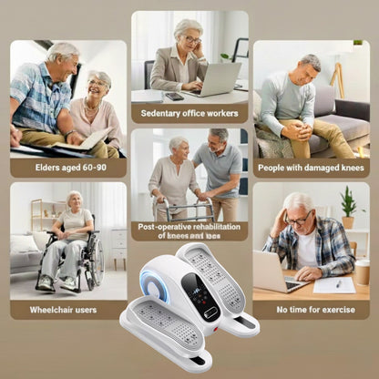 Portable under desk leg exerciser for seniors 60+, supporting knee pain relief, rehabilitation after surgery, sedentary office workers, and wheelchair users for gentle daily movement.