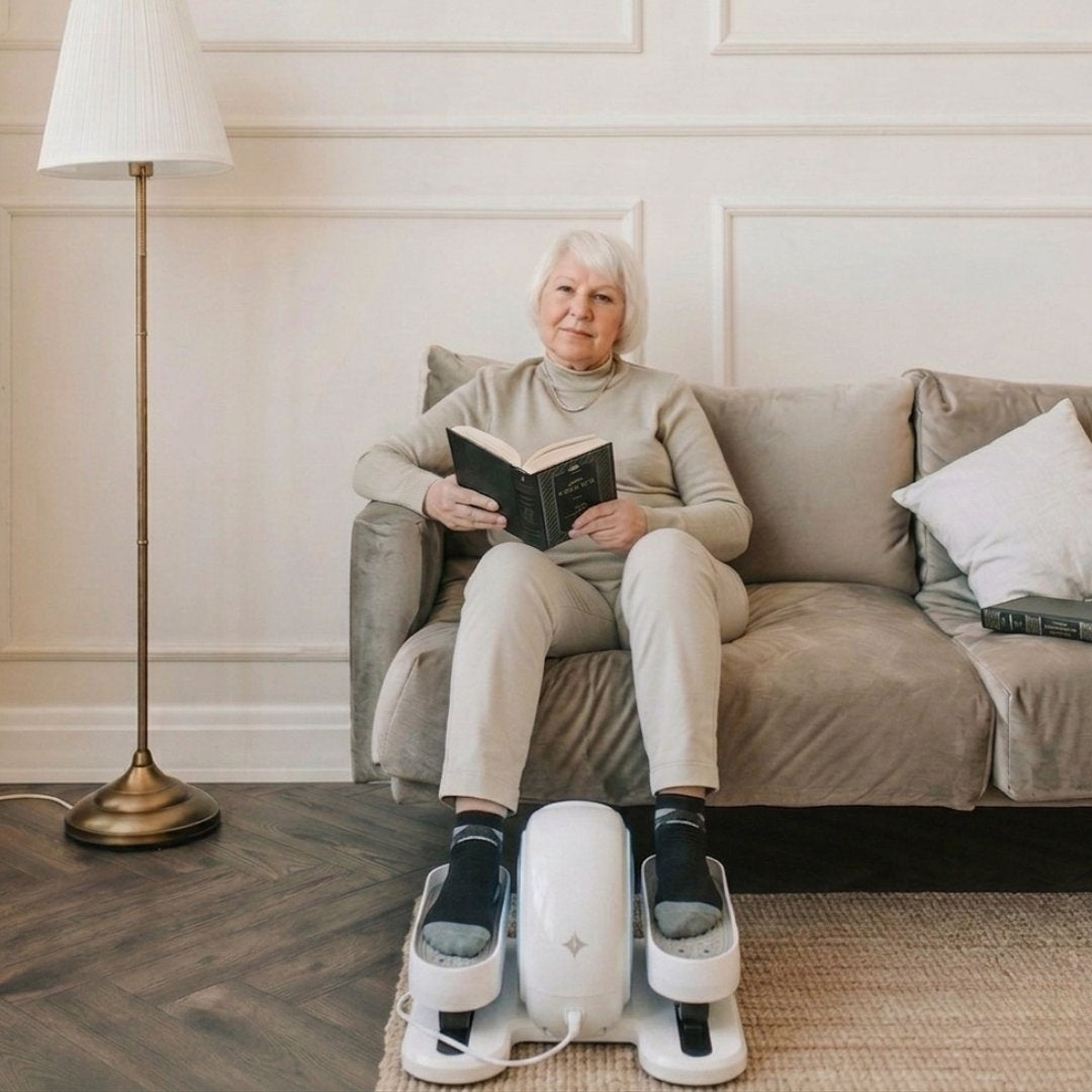 An elderly woman sits comfortably on a sofa, reading a book while using a white under-desk elliptical machine to exercise her legs.