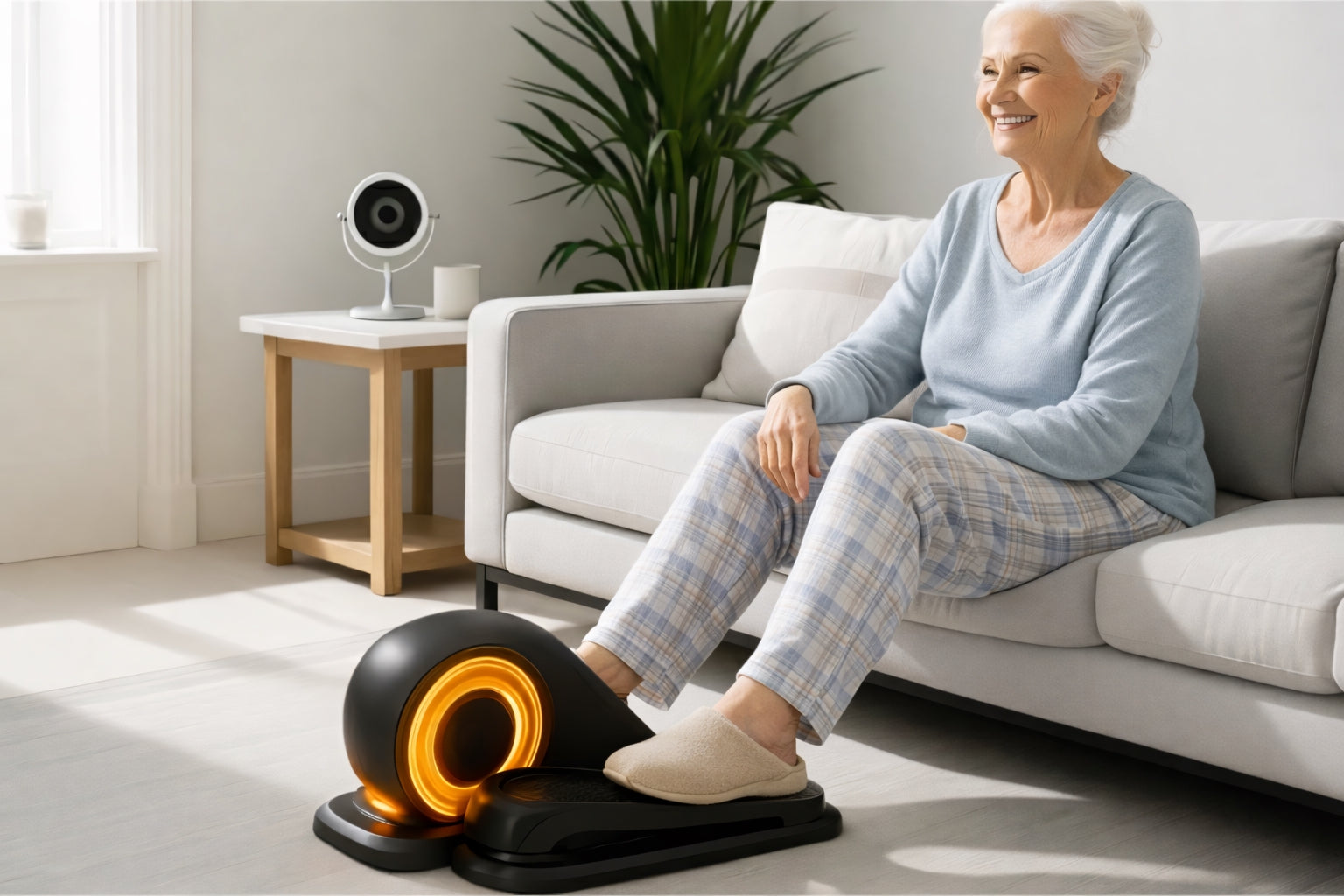 Elderly woman exercising at home with a seated elliptical machine designed for seniors with knee and joint pain