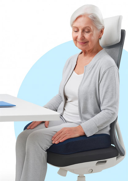 Woman sitting in a ergonomic chair with a blue background